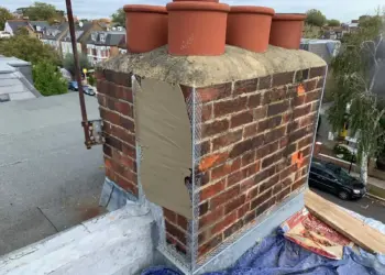 Close-up of a brick chimney stack with four terracotta chimney pots undergoing repair and lead flashing installation on a rooftop.