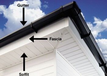 Diagrammatic view of a residential roofline highlighting the gutter, white uPVC fascia, and soffit components against a blue sky with clouds