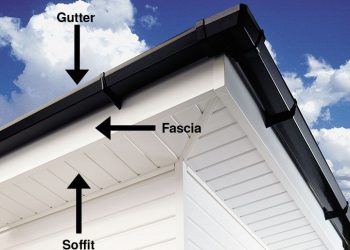 Educational exterior view of a residential roofline featuring white uPVC fascia and soffit boards paired with black guttering, labeled with directional arrows pointing to Gutter, Fascia, and Soffit.